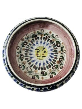 Vtg Tonala Mexico Folk Art Floral Pottery Signed Cat Bowl Trinket Dish Large.